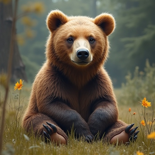 A bear is sitting comfortably in a natural setting surrounded by grass and wildflowers. The scene is serene and captures the natural beauty of the wildlife.