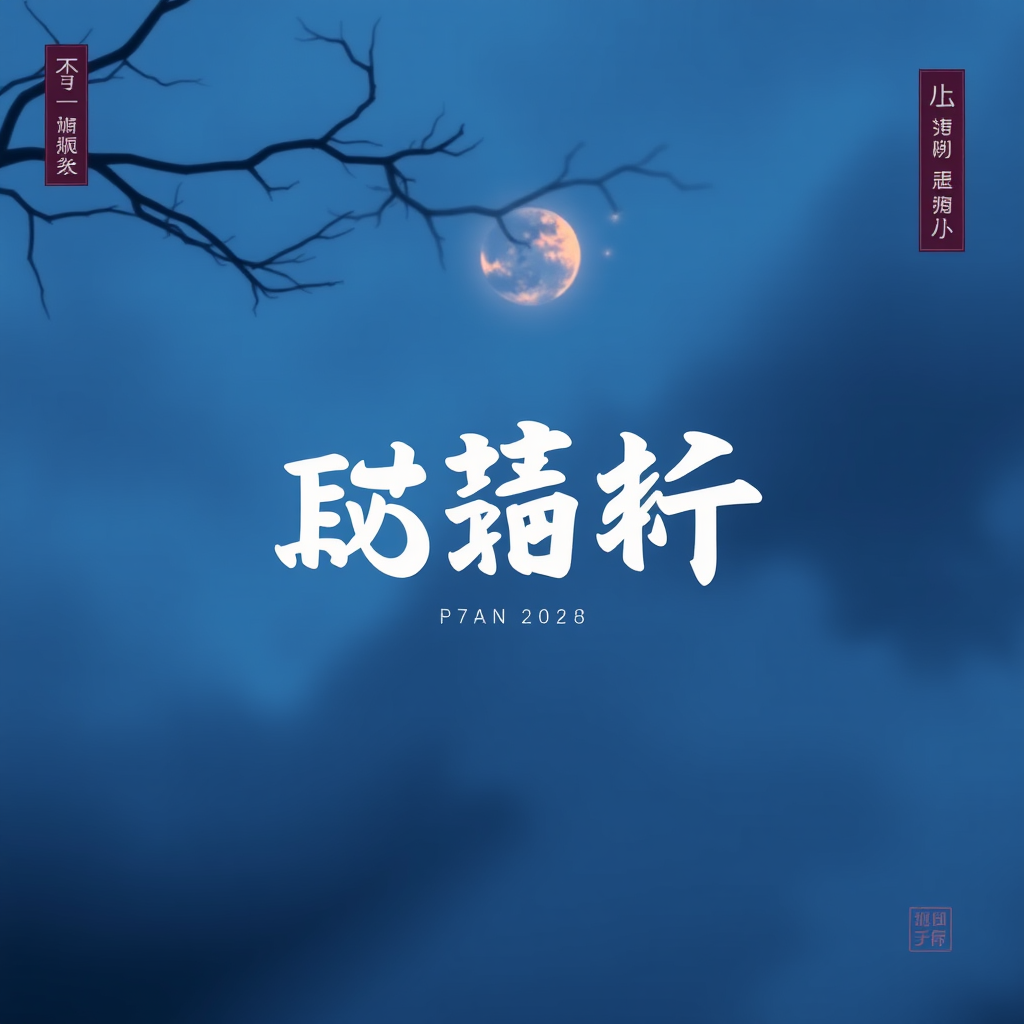 A serene night scene featuring a full moon against a tranquil blue sky with calligraphic text.