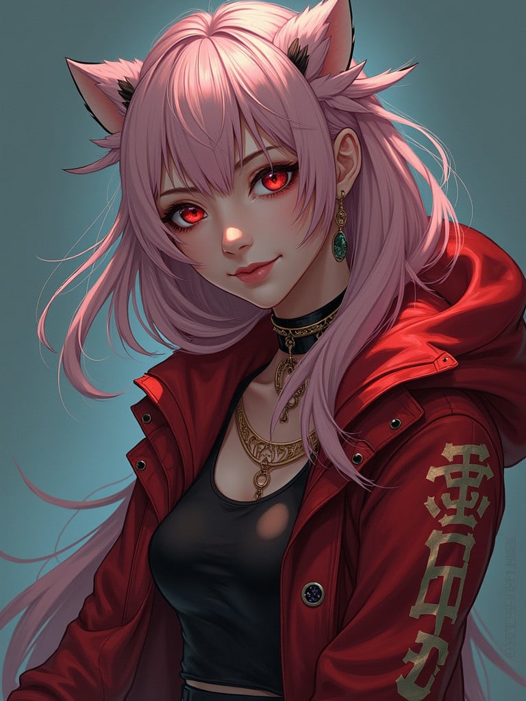 Stylish anime character with pink hair wearing a red jacket and gold accessories. Character design highlights fantasy elements. The image captures a modern and fashionable look.