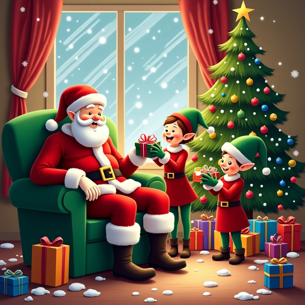 A warm and festive Christmas scene featuring Santa Claus sitting in a green chair. Cheerful elves prepare gifts while a decorated Christmas tree is in the background. Snow is falling outside the window with colorful presents scattered around.