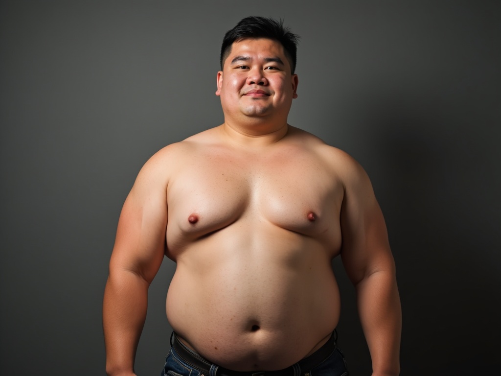 The image features a young Asian man standing confidently, showcasing his physique with large pecs. He is shirtless and wearing dark jeans, presenting a body positivity message. The background is a neutral gray, allowing focus on his form. The subject has a friendly expression, evoking a sense of self-assurance. This portrait captures the essence of health and wellness.