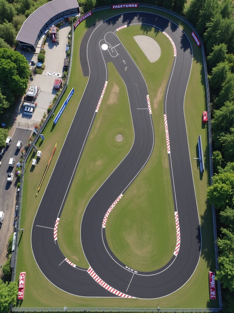 Aerial view of a detailed racing track layout. Track contains long straight sections and tight hairpin turns. Show S curve chicane. Includes pit lane. Presence of green grass and gravel traps. Safety barriers visible along the sides. Trackside flags and advertisements enhance the scene.