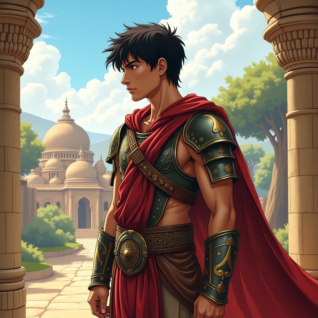 Side view illustration of a young warrior in ancient India. The character wears armor and a tunic. The background shows historical architecture and greenery.