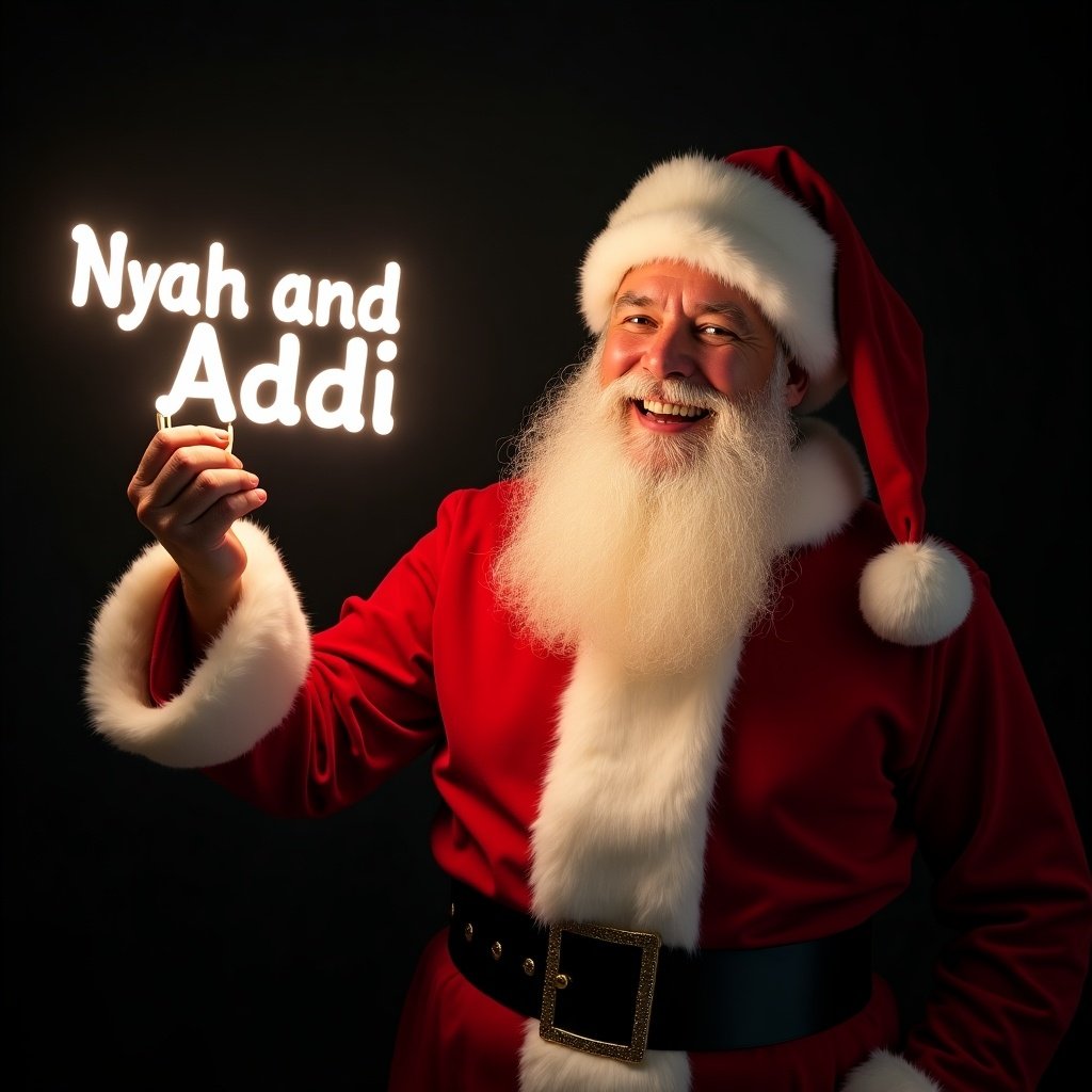 Image shows Santa Claus in red and white suit. Santa holds a glow stick with names Nyah and Addi. Background black makes glowing text pop. Santa has a warm, cheerful expression. Scene captures Christmas spirit.