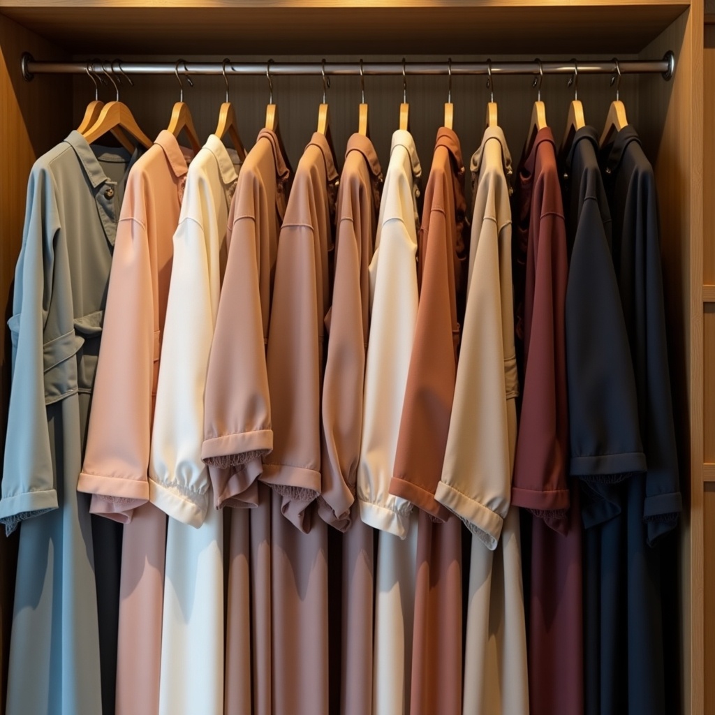 This image showcases a neatly arranged collection of simple abayas hanging in a wardrobe setting. The color palette consists of soft pastels and muted earth tones, with garments in various shades, creating an elegant presentation. The lighting is soft and natural, enhancing the textures of the fabric. This curated display highlights the importance of having versatile abayas in a modern wardrobe. Simple abayas blend style with comfort, making them perfect for various occasions. This collection is a testament to how essential these pieces can be for contemporary fashion lovers.