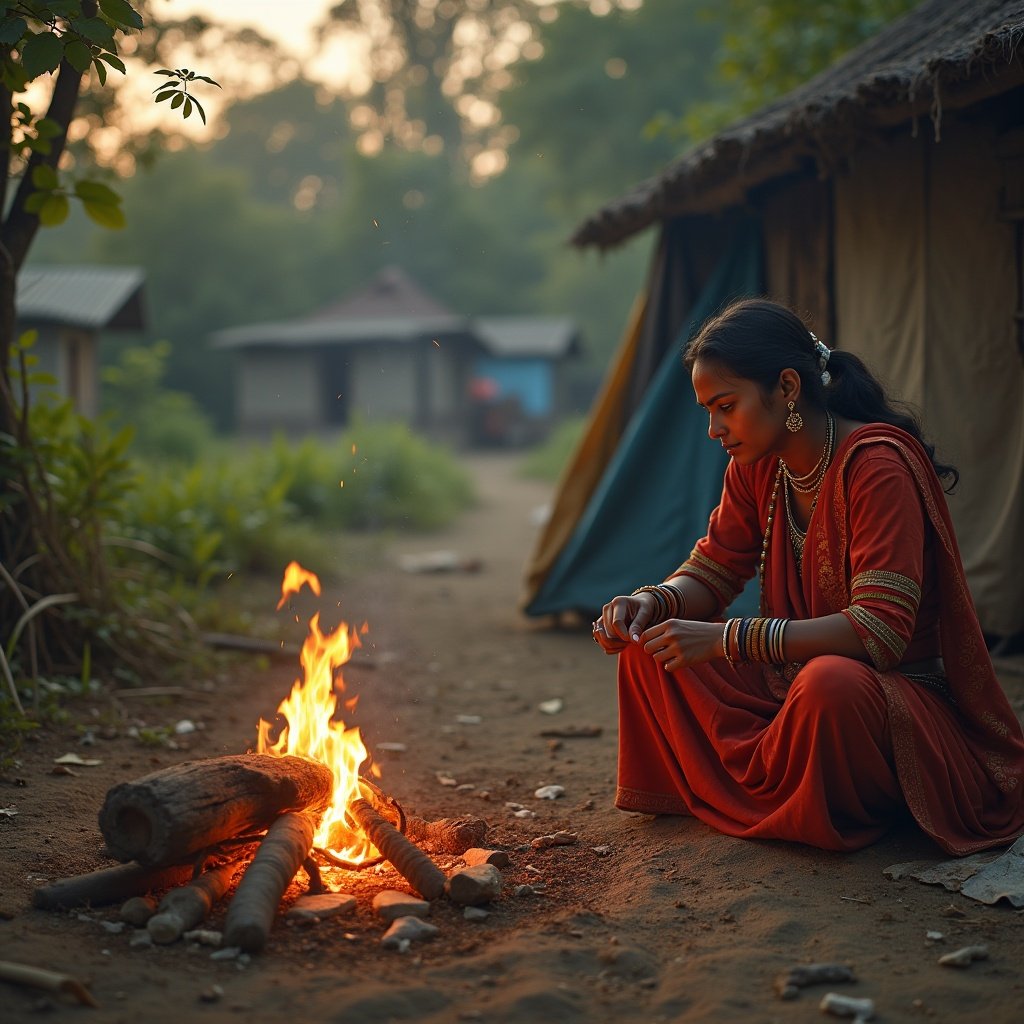 The image depicts a 25-year-old Brahmin woman sitting by a campfire. She is dressed in traditional attire, showcasing her cultural roots. The warm glow of the fire creates an inviting atmosphere around her. Nearby, a rustic, rural home adds to the serene backdrop. She is portraying an air of tranquility and connection to her surroundings. The scene captures the essence of traditional camping life infused with spiritual elements.