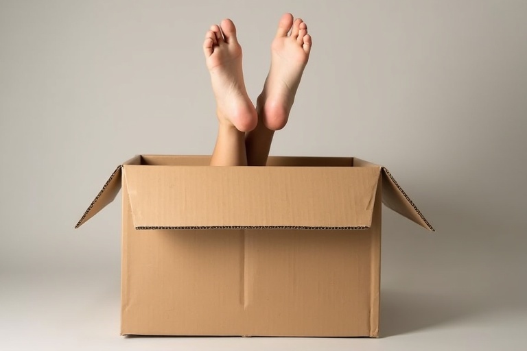 Female feet protruding from a large open cardboard box. Background is simple and neutral. Casual and humorous vibe.