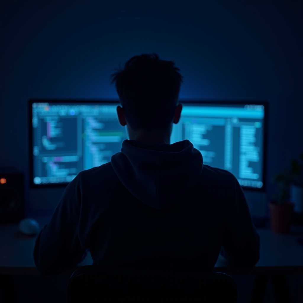 A person is working on a large computer screen with code in a dark room.