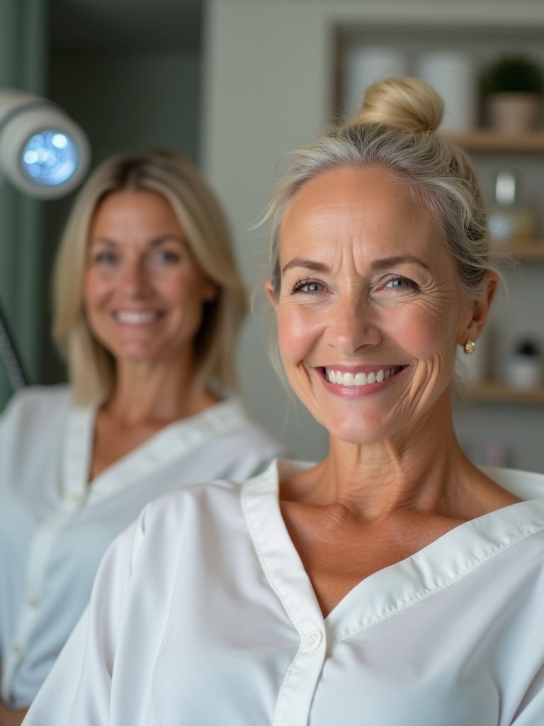 Image shows two mature women undergoing anti-aging LED therapy treatment. One woman appears before treatment with a neutral expression. The other woman appears after treatment smiling and showcasing results.