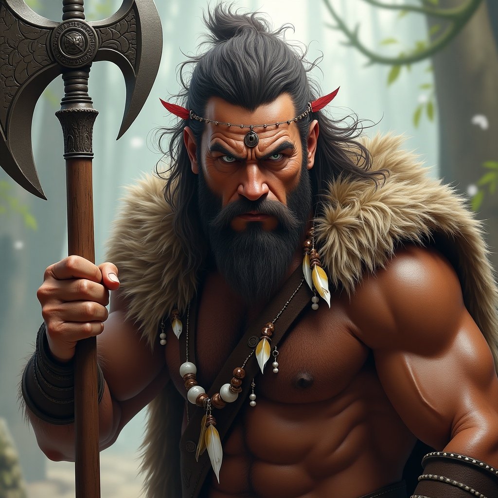 Detailed portrait of a muscular barbarian warrior. He has long hair, a beard, and tribal jewelry. The background features a forest environment with soft lighting.