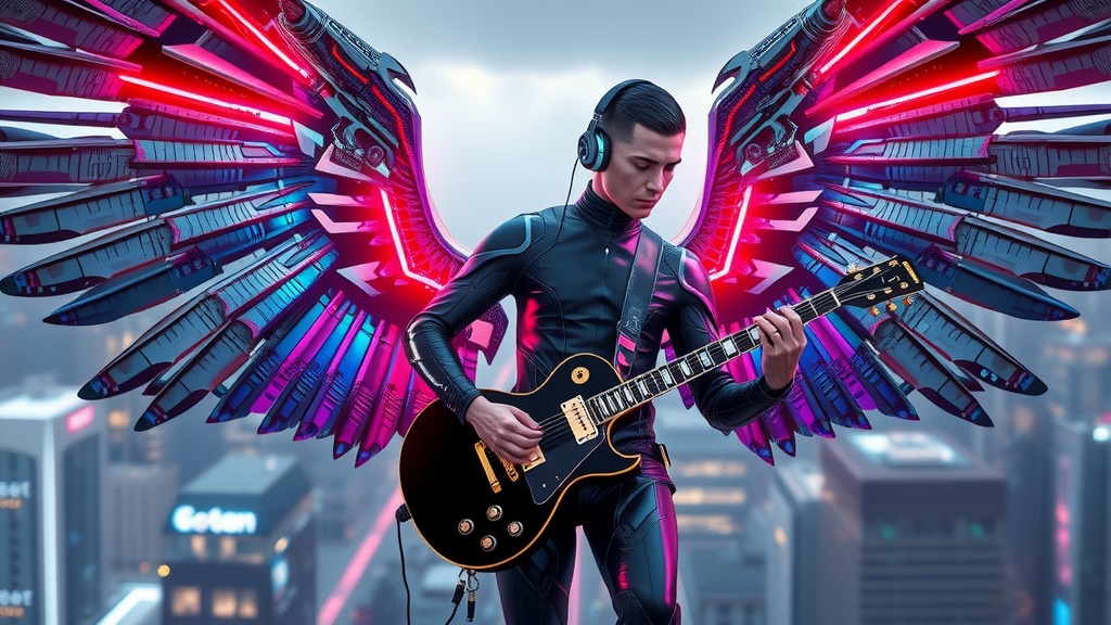 This striking image features a futuristic musician with neon mechanical wings playing an electric guitar. The musician, dressed in a sleek, cyberpunk-style black outfit, wears headphones and stands against a blurred cityscape, suggesting a rooftop setting. The wings are illuminated with vibrant red and purple hues, contrasting the subdued grey background of the city.