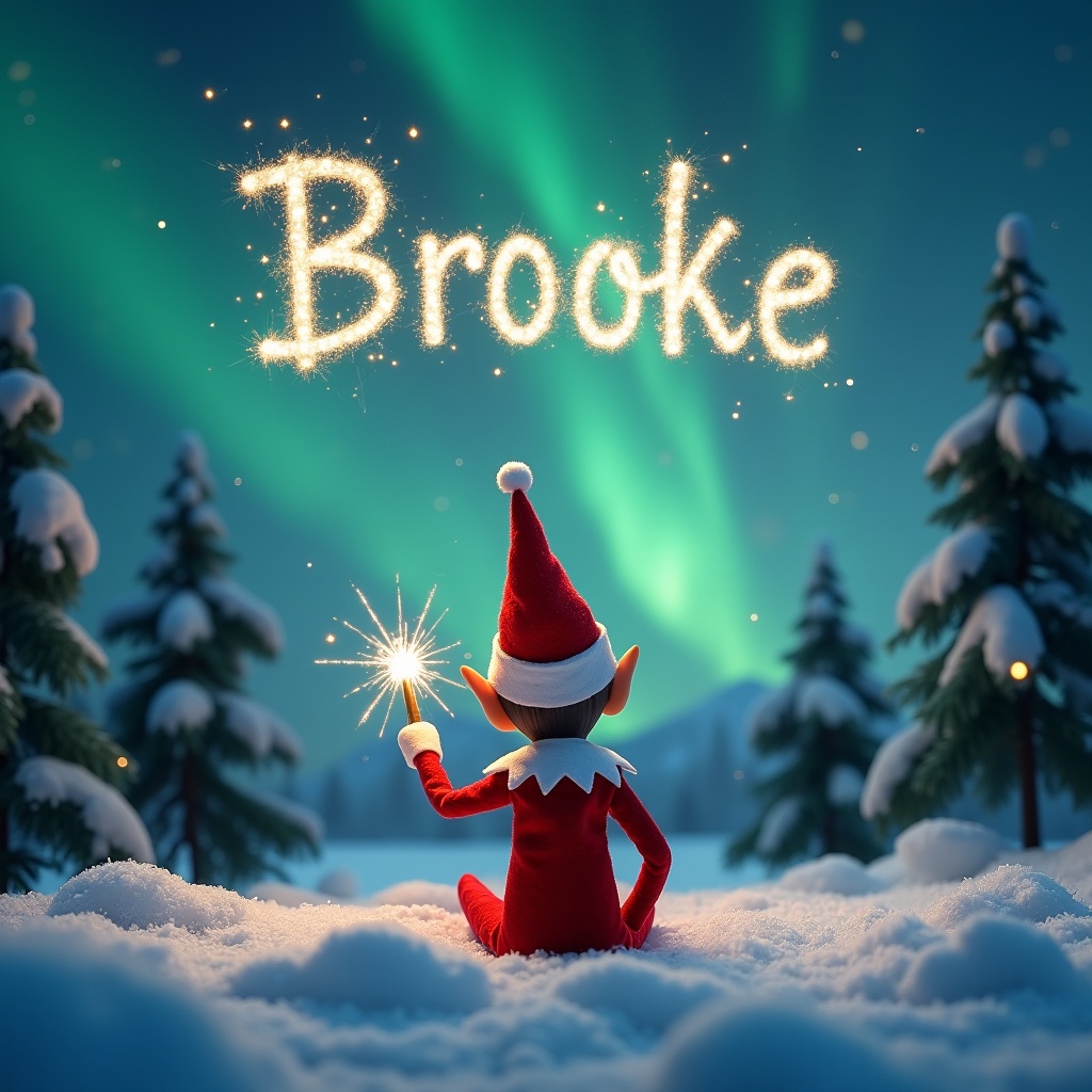 The image features an elf on the shelf, sitting with its back to the viewer, facing a beautiful sky filled with northern lights. The elf is using a magical wand to write names in the sky. The scene is set in a winter wonderland with snow covering the ground and evergreen trees in the background. Above the elf, the name 'Brooke' is elegantly written in sparkling light. The overall atmosphere is whimsical and festive, embodying the magic of Christmas.