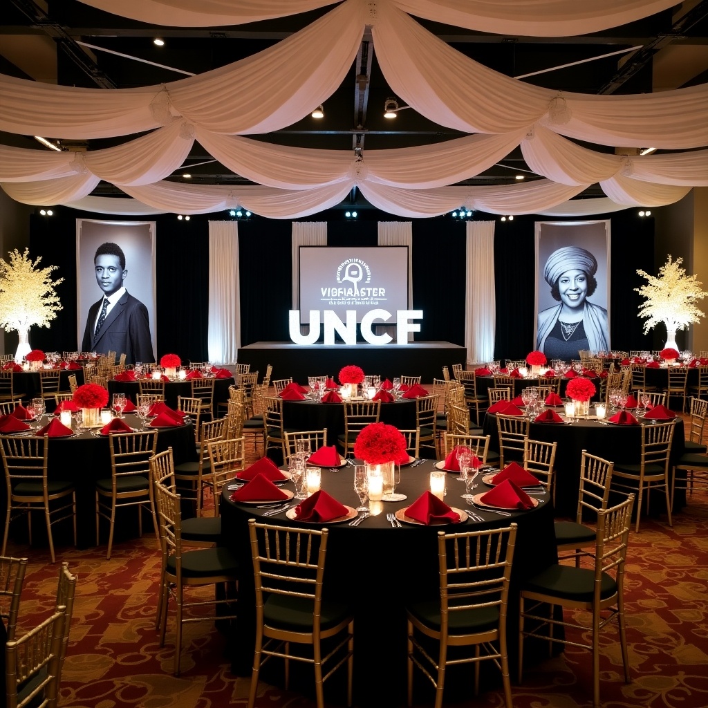 An elegantly arranged banquet hall for a UNCF event. The room features 50 round tables adorned with black linens and red napkins. Each table has beautiful red rose centerpieces, enhancing the atmosphere. Black and white photos of notable African American graduates are displayed on the black curtains lining the room. A stage at the front showcases 5-foot tall illuminated 'UNCF' letters, creating a prominent focal point. The ceiling is draped in soft fabric, adding to the elegance, while two 12-foot LED light-up trees provide additional ambiance and light.