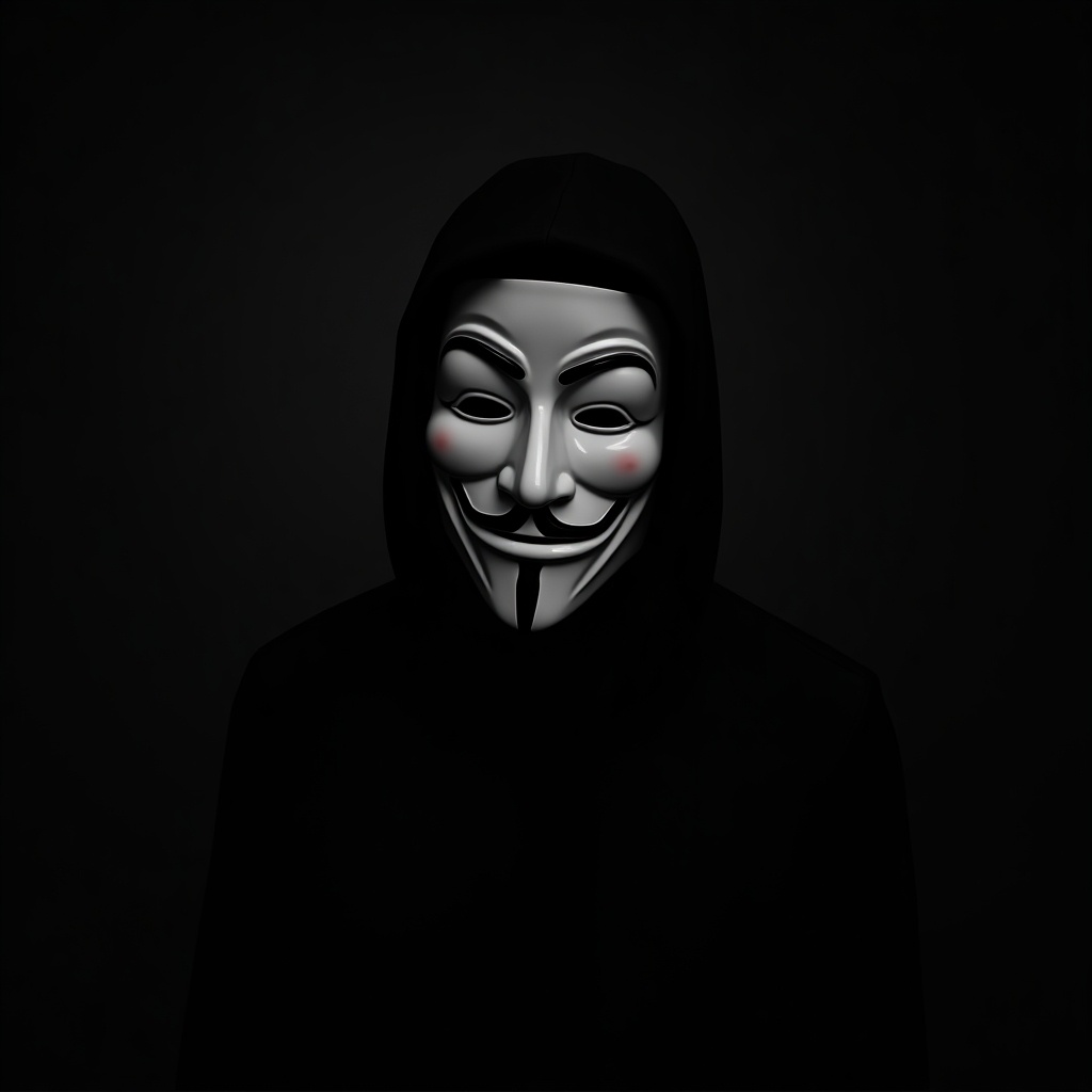 The image depicts a hooded figure standing in a dark room. The individual is wearing a Guy Fawkes mask, symbolizing anonymity and rebellion. The low-key lighting casts deep shadows, enhancing the mysterious atmosphere. The focus is on the eerie expression of the mask, creating a sense of intrigue. This representation evokes feelings of resistance against authority and the desire for privacy in a digital age.