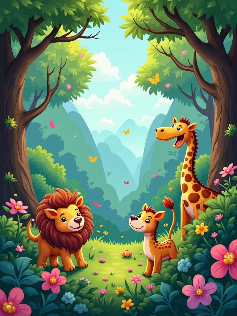 A vibrant jungle scene featuring playful animals among lush trees and flowers. A smiling lion and giraffe share the scene with an energetic tiger. Bright colors and a sunny atmosphere create an inviting environment.