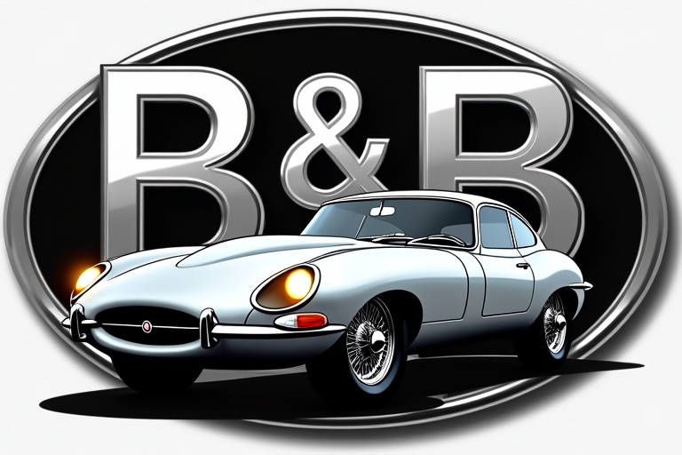 Modern logo for B&B Automobiles featuring a silver Jaguar E-Type. Behind the car are mirrored B letters. Logo design includes a black backdrop with chrome accents. Car appears sporty with headlights on.