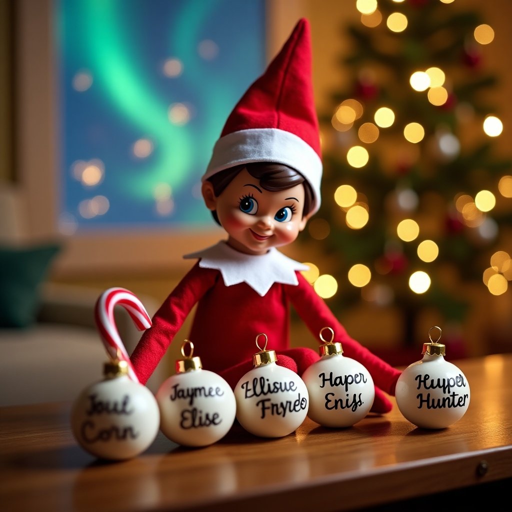 A charming Christmas scene features an elf on the shelf in cheerful red attire. The elf is joyfully writing names on decorative baubles. Surrounding the elf is a warmly decorated Christmas tree with sparkling lights. In the background, the mesmerizing Northern lights illuminate the night sky. The elf is also holding a red and white candy cane, capturing the spirit of the holidays. This delightful setting evokes feelings of joy and anticipation for Christmas. The names being written on the baubles include Jaymee, Elise, Harper, and Hunter, adding a personal touch to the holiday festivities.