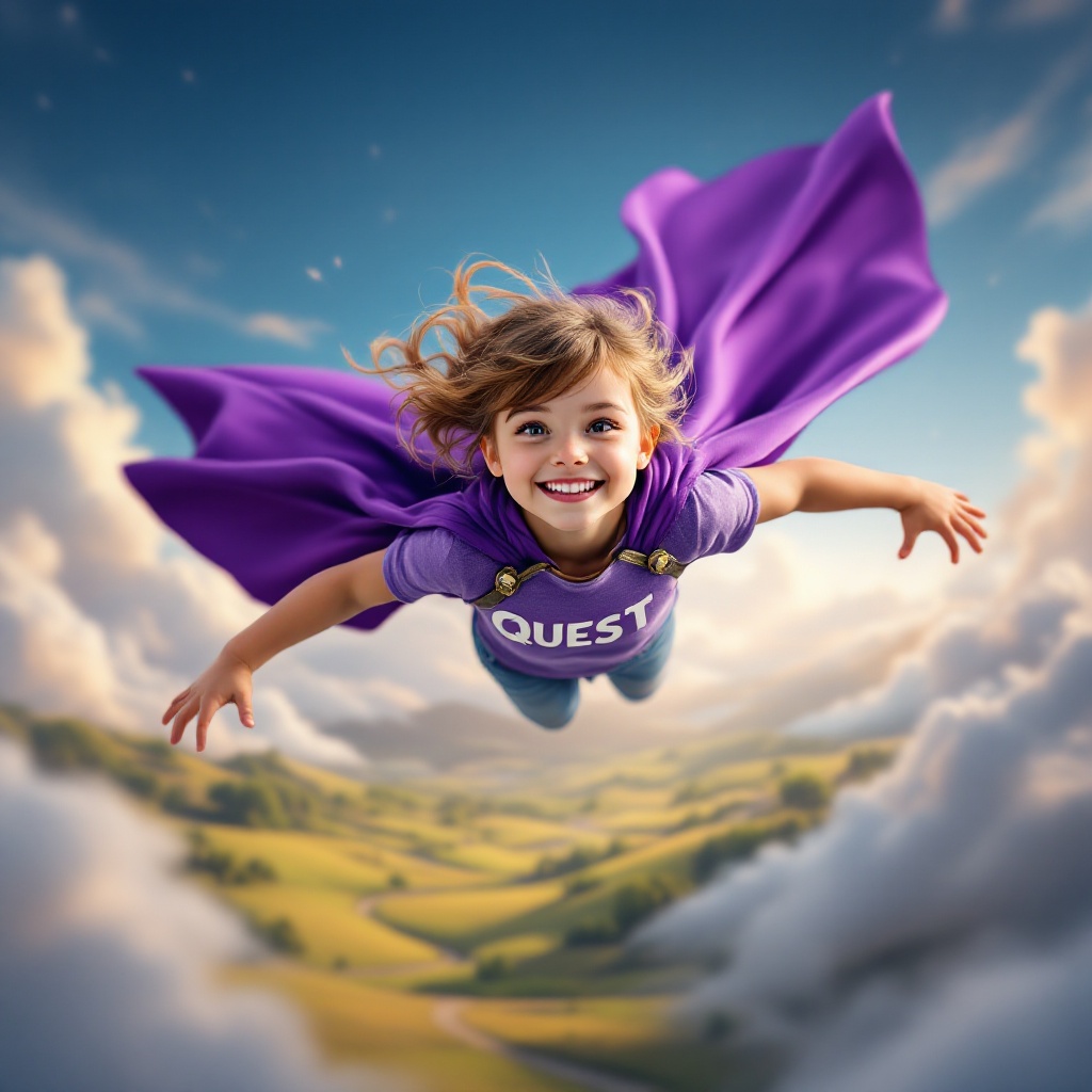 5 years old girl flying at low altitude. She wears a purple cape. Magical fields below. Happy and confident expression. Shirt with quest written on it.