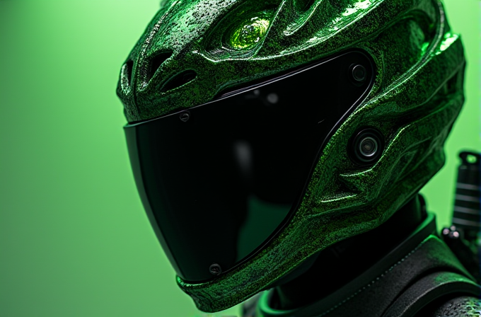 A futuristic green helmet with a visor stands out against a green background.