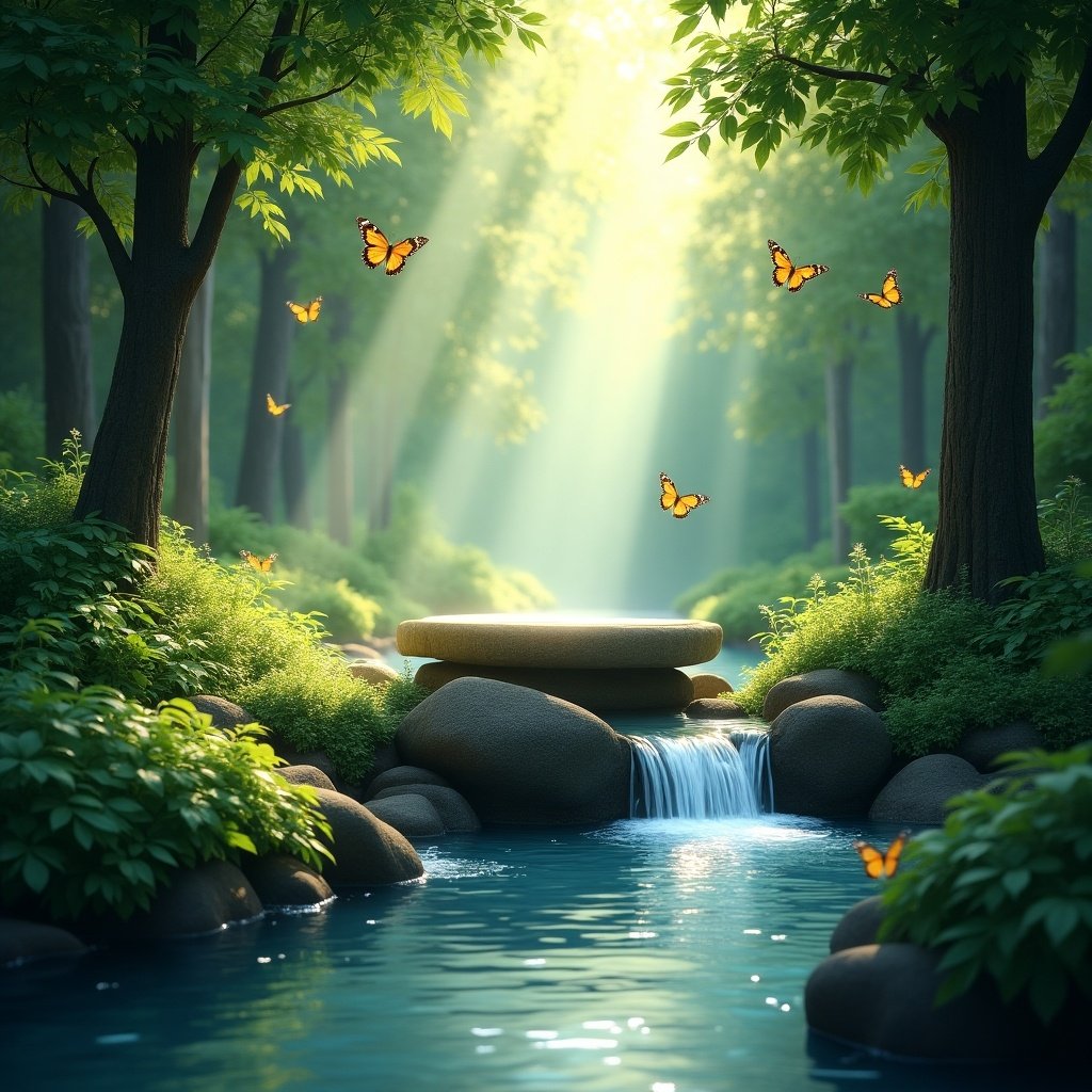 Capture a serene natural scene. Include a gentle stream flowing diagonally. Lush greenery with tall trees. Central stone pedestal illuminated by sunlight. Colorful butterflies fluttering around. Landscape reflects harmony of green and blue hues.