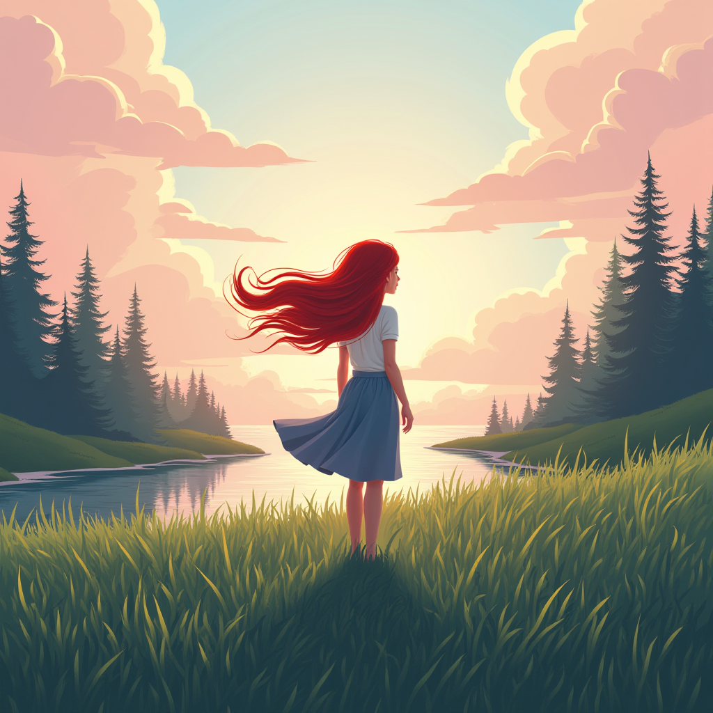 A person with red hair stands in a grassy field by a lake, gazing at a colorful sunset over the trees.