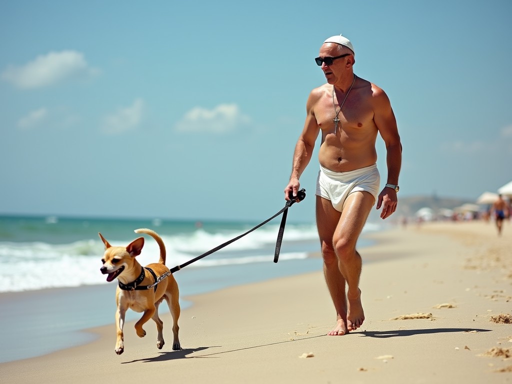 A man confidently walks his dog along a sunny beach, wearing sunglasses and swim attire, which adds a humorous and casual vibe. The beach stretches into the distance with the calm ocean waves gently lapping at the shore. The clear blue sky complements the tranquil scene, evoking a sense of relaxation and carefree enjoyment of a beach day.