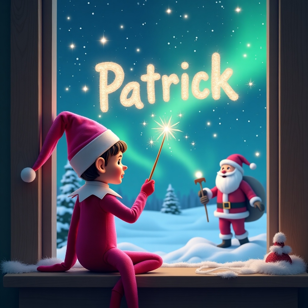 A pink elf on the shelf sits with their back to the viewer, gazing up at the sky. Using a magical wand, the elf writes 'Patrick' in sparkling letters above. The background features a magical Christmas scene with vibrant northern lights illuminating the night sky. In the distance, Santa Claus stands cheerfully in a snowy landscape. The whole scene radiates a warm, festive spirit, perfect for the holiday season.