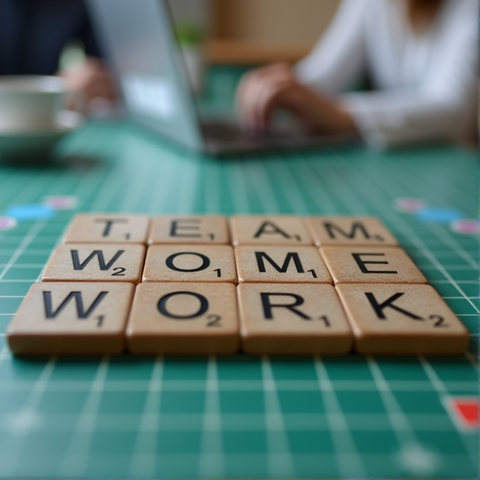 Wooden letter tiles spell out 'TEAM WOME WORK' on a green grid, with a blurred laptop and person in the background.