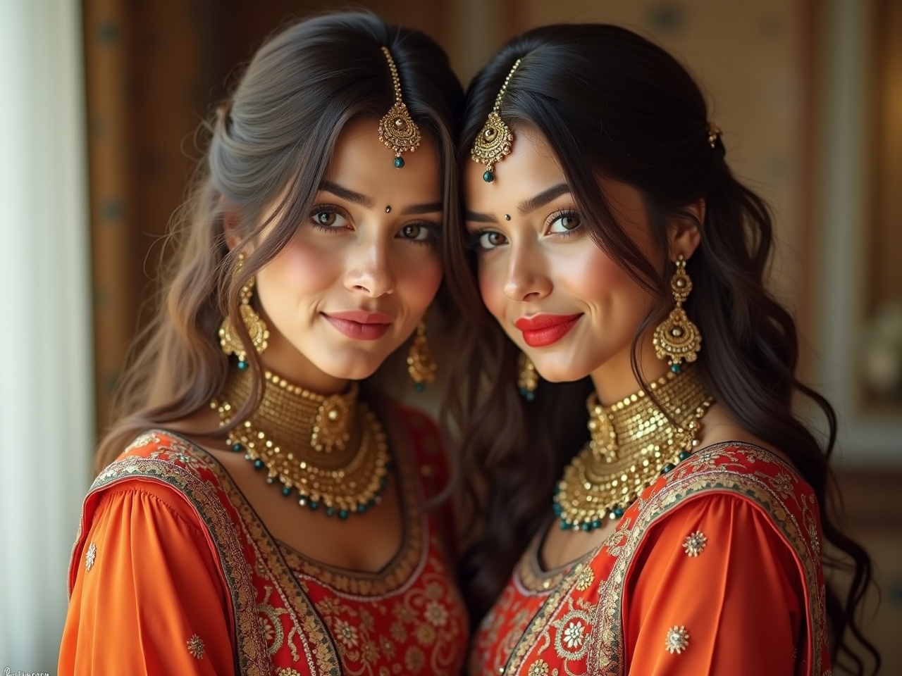 The image features two desi girls standing closely together, their smiles reflecting joy and cultural pride. They are adorned in vibrant traditional attire, showcasing intricate designs and vivid colors. Their ornate jewelry adds elegance, including statement necklaces and earrings that catch the light. The background is softly blurred, emphasizing their presence. This harmonious composition highlights themes of tradition and sisterhood in a beautifully lit setting.