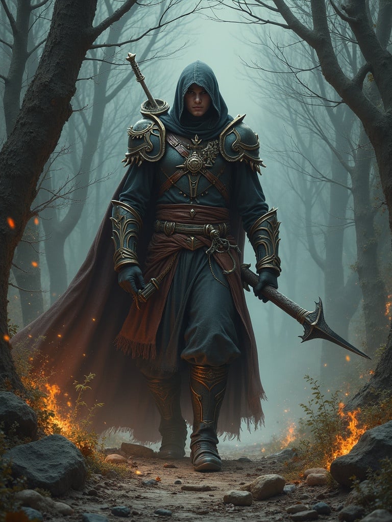 A cloaked warrior walks in a dark forest. The figure wears ornate armor and holds a spear. The scene is atmospheric with a misty background.