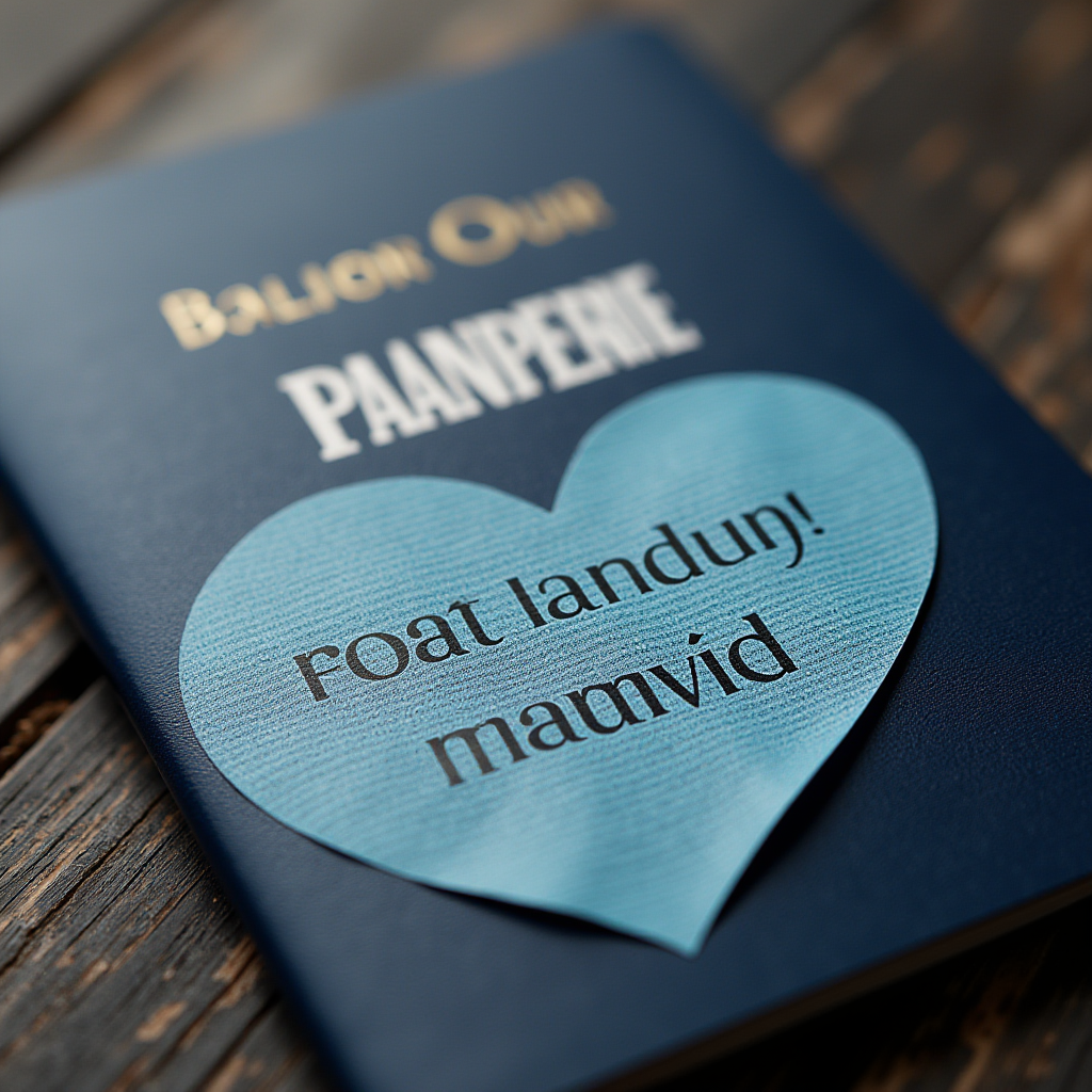 A blue book with a heart-shaped note featuring a message in stylized text.