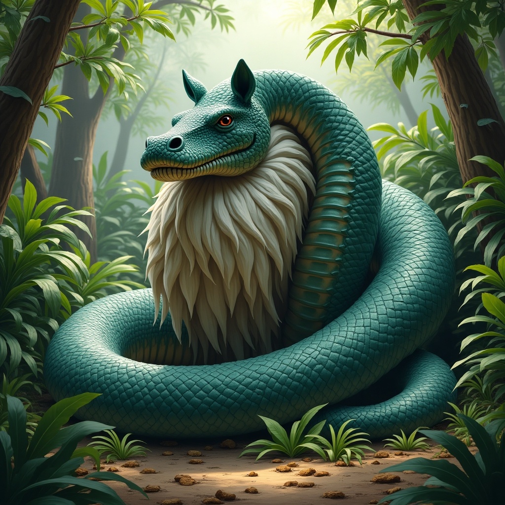 This image features a giant anaconda with a distinctive white beard, coiled majestically in a lush jungle. The setting is vibrant with tropical plants surrounding the snake, creating a rich green atmosphere. Soft light filters through the dense foliage, highlighting the anaconda's scales and beard. The creature looks imposing and regal, emphasizing its role as a powerful predator. This artwork blends elements of fantasy and wildlife, making it visually striking and imaginative.