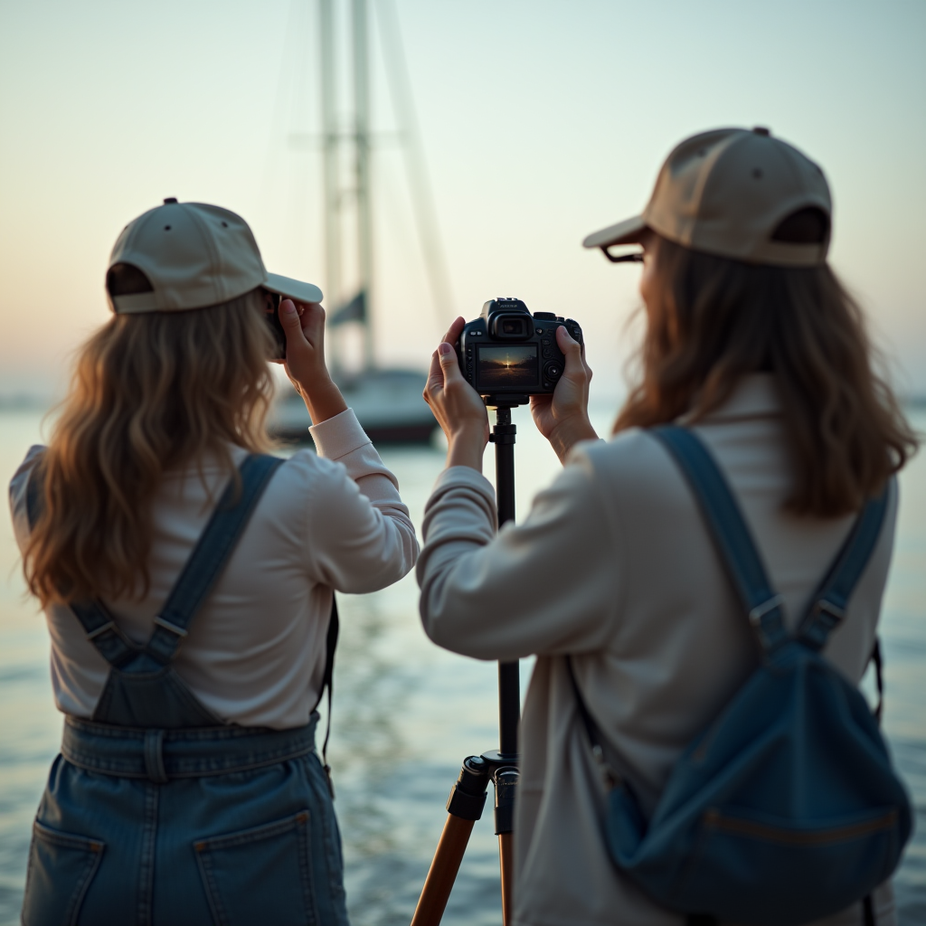 Two people photograph a boat on a calm water during sunset.