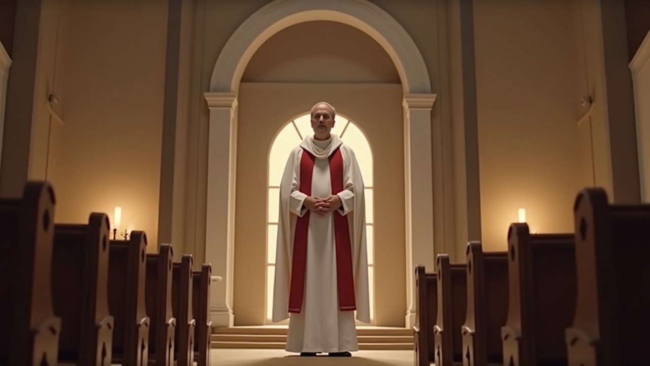 A priest standing in a church aisle, bathed in soft ambient light, with a serene and contemplative atmosphere.