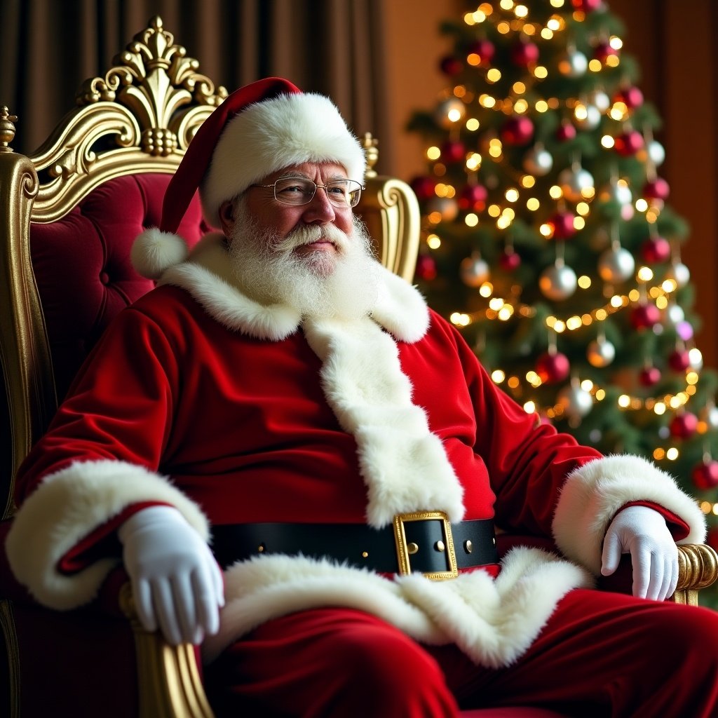 Photo realistic Santa Claus in red suit with white trim seated on a throne. Christmas ornaments scattered around him. Background features a Christmas tree with colorful baubles. Scene conveys warm cheerful holiday atmosphere. Captures magic of Santa preparing for gifting season with space for a child to sit on his knee.