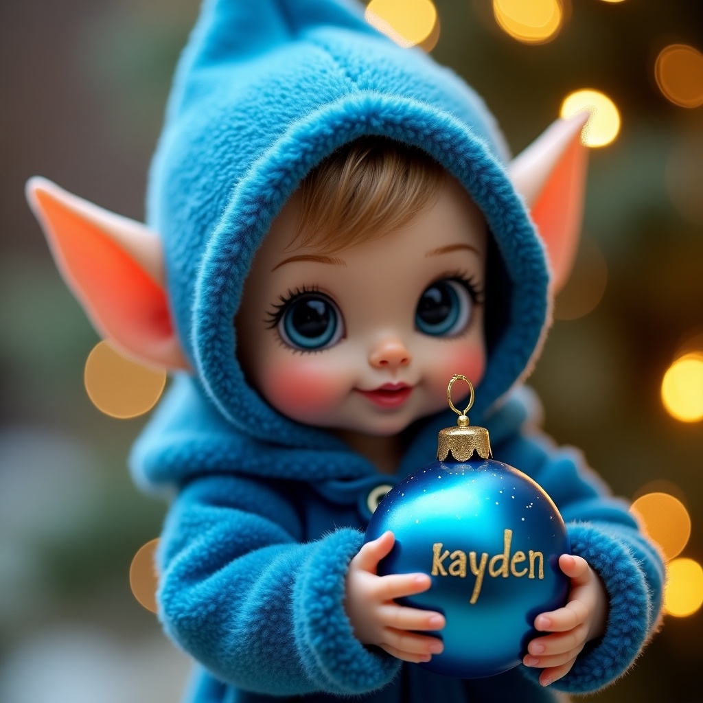 A cute elf doll dressed in a blue hoodie is holding a shiny blue bauble. The bauble has the name 'kayden' written on it. The doll has big expressive eyes and pointy ears. The background is blurred creating a magical atmosphere.