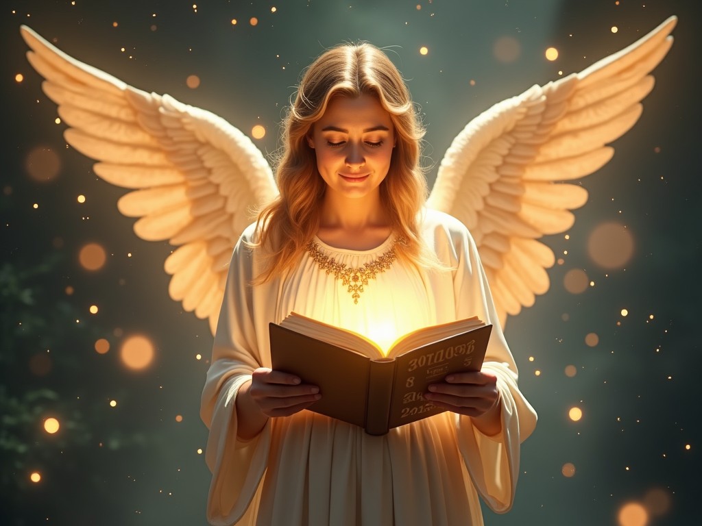 A serene angel with golden wings reads a glowing book, surrounded by magical lights in a mystical forest.