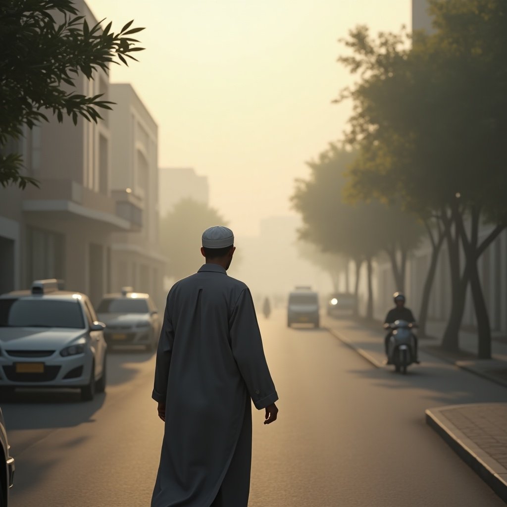 Islamic person walking down a quiet street during a foggy morning. Realistic depiction of urban landscape.