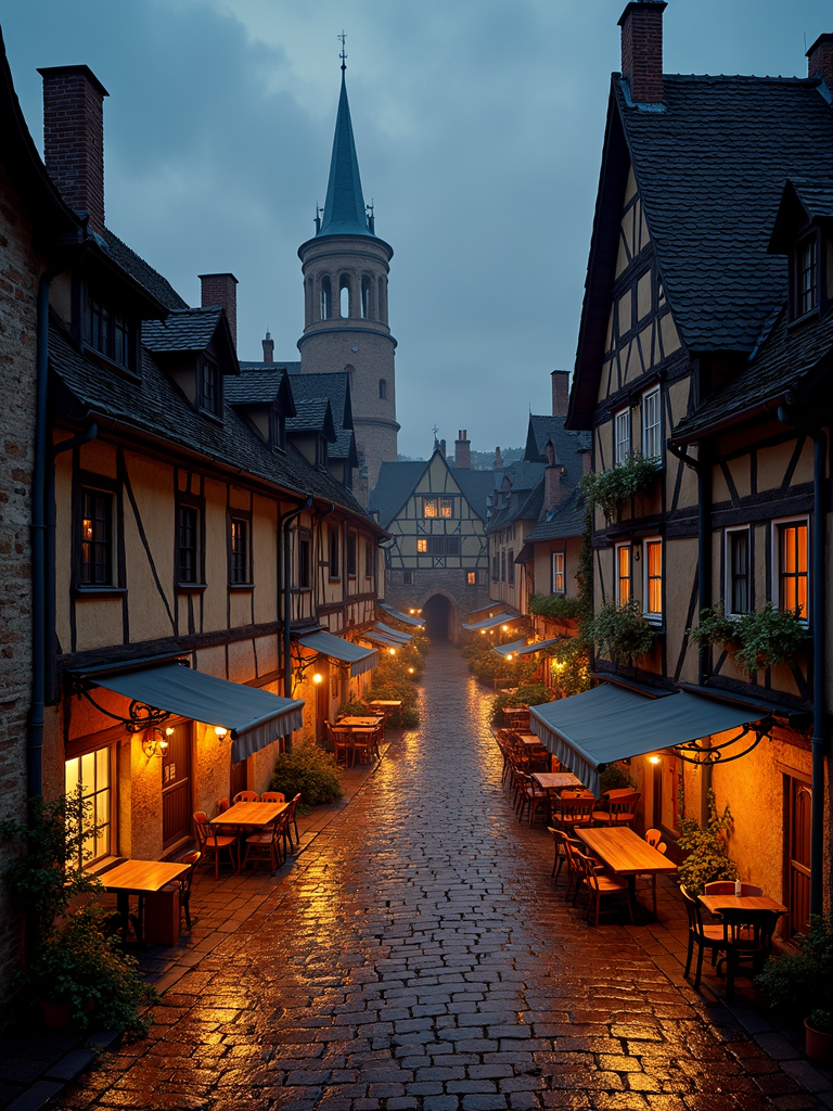 A cobblestone street flanked by charming half-timbered buildings with softly glowing lanterns, leading to a distant round tower under a dusky sky.