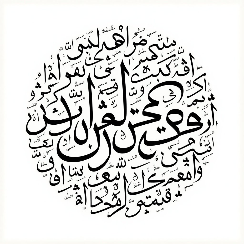 Handwritten Arabic calligraphy design featuring specific names. Written in a circular format. Completes the area beautifully.