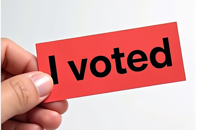 A hand holds a red card with 'I voted' written in bold black letters.