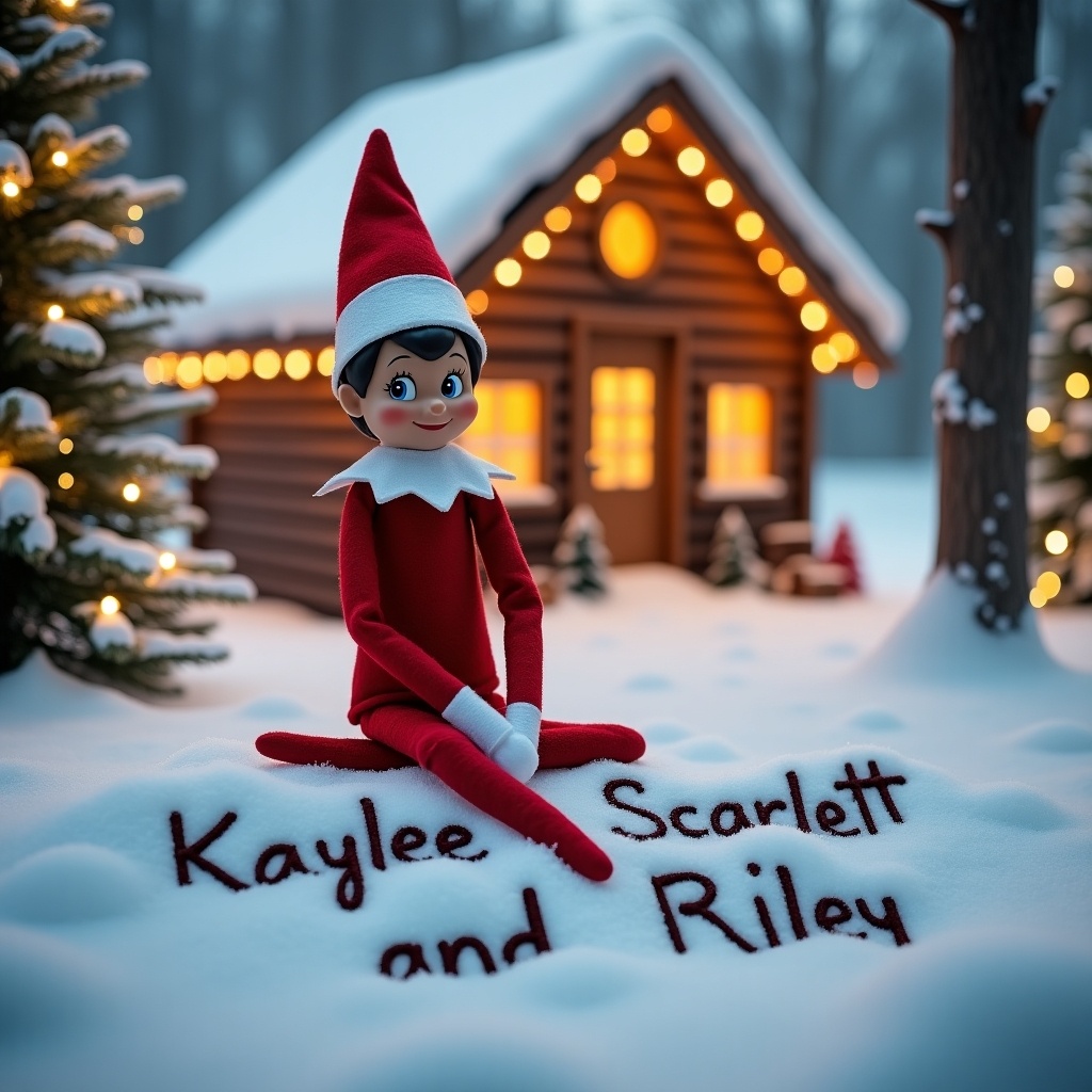 Elf on the shelf sits in a snowy landscape. Elf wears red outfit with a white collar and festive hat. Background features cozy cabin with warm lights. Ground covered in snow with names Kaylee Scarlett and Riley written. Surrounding trees are decorated with twinkling lights. Scene evokes Christmas spirit.