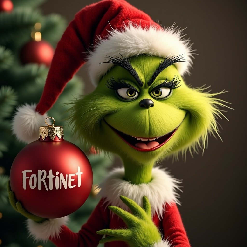 Grinch smiling while holding a Christmas ornament labeled Fortinet in white lettering.