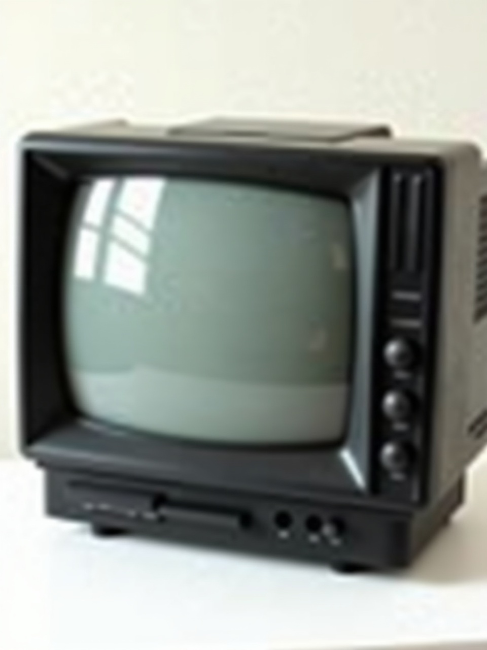 A vintage 1980s television set with dials and CRT screen, shot indoors with soft lighting.