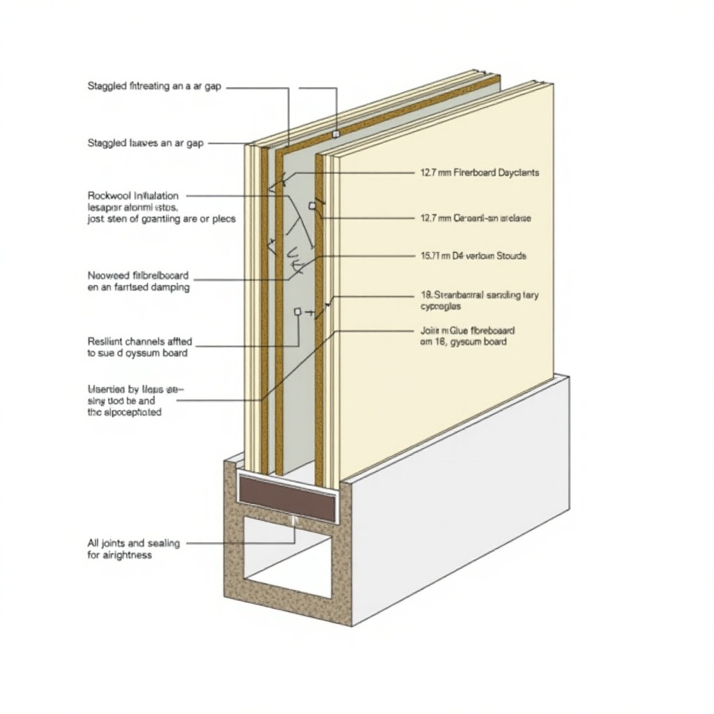 This detailed drawing illustrates a 2D cross-section of a staggered stud wall aimed at sound isolation. The inner layers showcase staggered studs, which create an air gap and are filled with Rockwool insulation for enhanced sound absorption. A secondary layer includes 12.7 mm Fibreboard and 15.9 mm Gypsum Board, utilizing Green Glue for additional damping properties. The outer layer features resilient channels attached to the studs, providing further acoustic benefits. Additionally, another layer of 12.7 mm fibreboard and 18 mm gypsum board caps the structure. The drawing emphasizes joint sealants and wooden plates for airtightness, ensuring maximum soundproofing effectiveness. It depicts all edges and joints meticulously sealed for optimal performance.