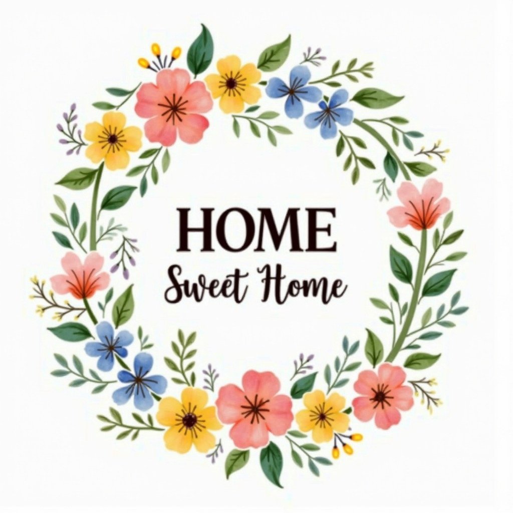 A floral wreath features the phrase 'HOME Sweet HOME' in the center. Colorful watercolor flowers and leaves surround the text. The word 'HOME' is bold, and 'Sweet' is cursive. The design is warm and inviting for home decor.