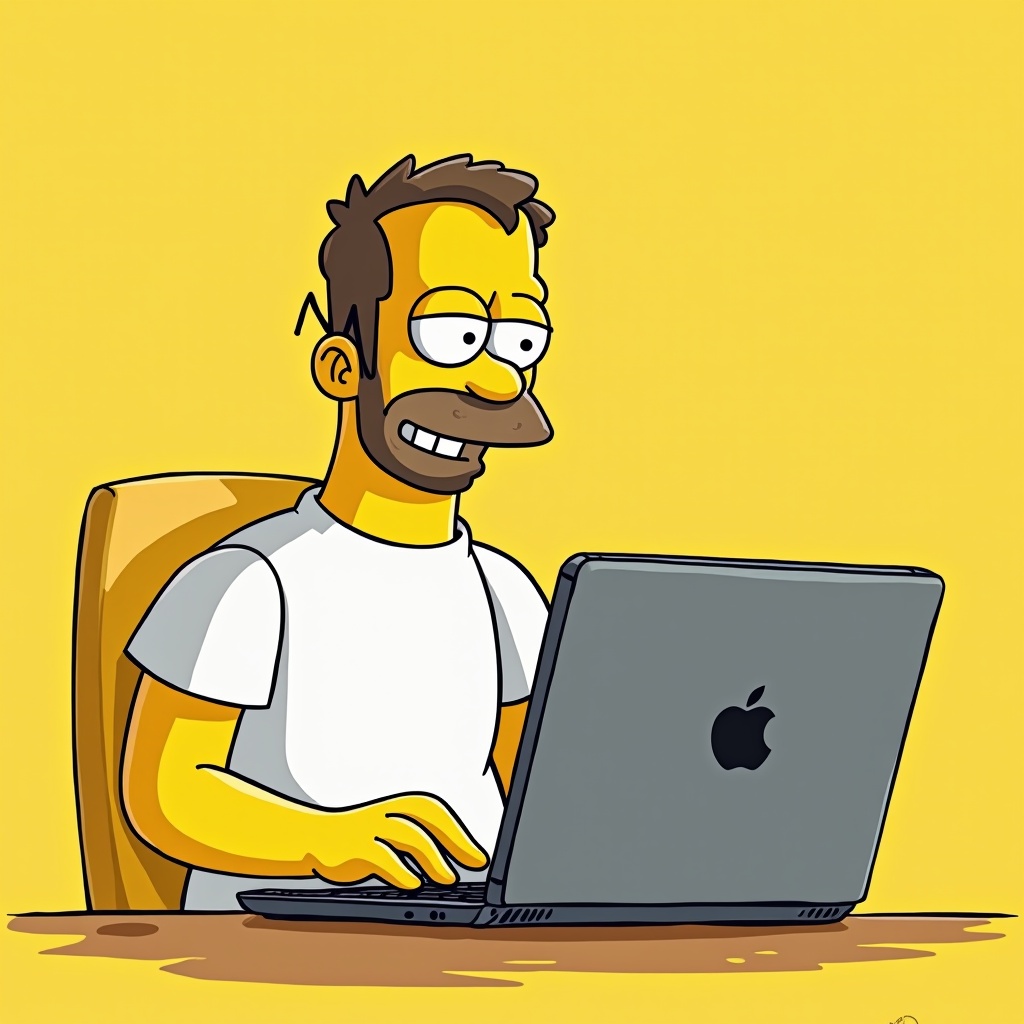 The image features a cartoon man sitting at a desk, engaged with a laptop computer. He has a cheerful expression, embodying the classic animated style reminiscent of The Simpsons. The background is bright yellow, giving it a vibrant and fun atmosphere. Above or behind him, the text 'Arab Digital Nomad' is prominently displayed in a style similar to The Simpsons franchise. The overall scene captures the essence of a modern remote worker in a playful and engaging manner.