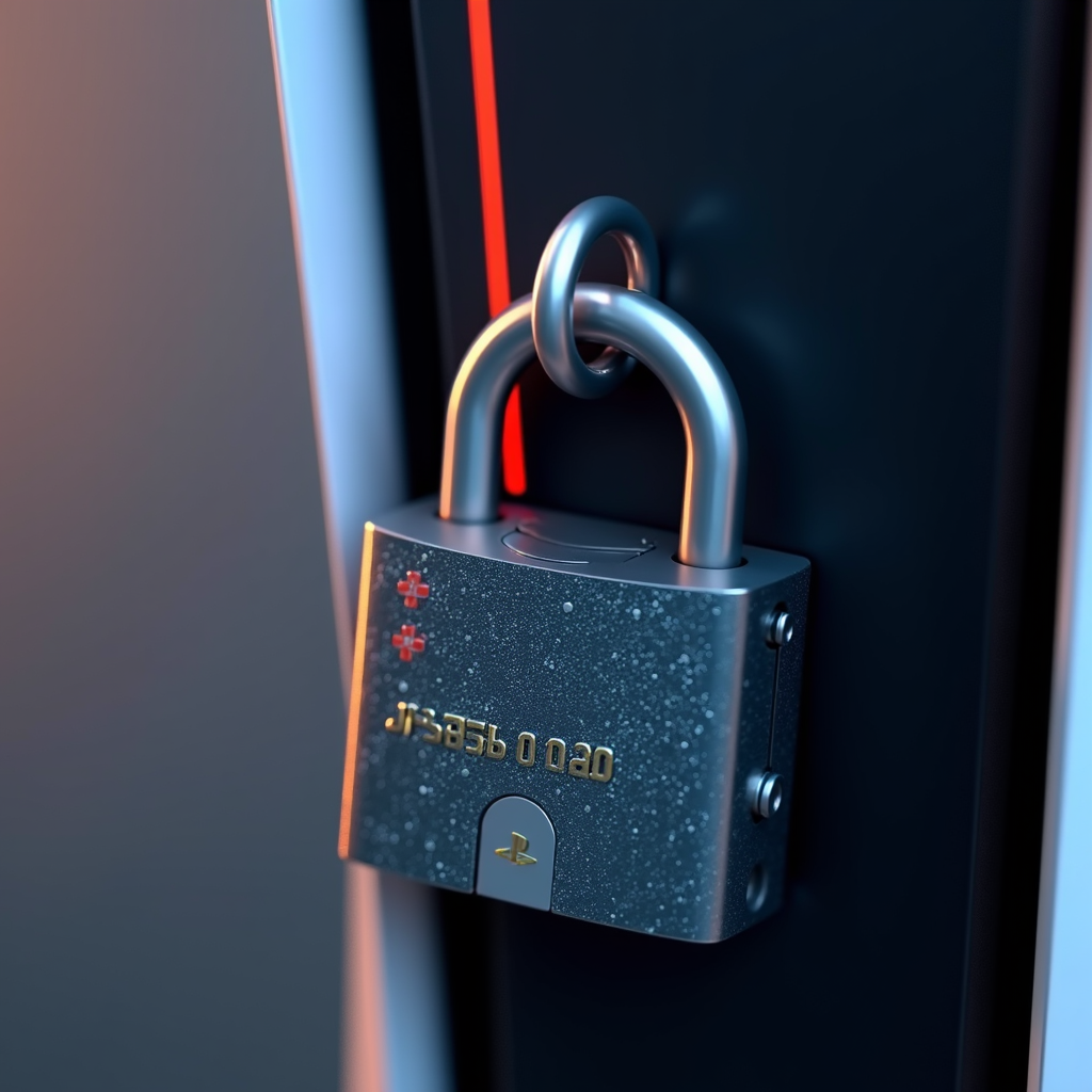 A silver padlock with a futuristic design is attached to a sleek, dark surface.