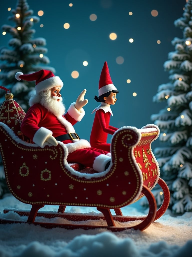 Elf in red outfit is sitting next to Santa Claus in a decorated sleigh. Scene has a snowy background and twinkling lights resembling northern lights.