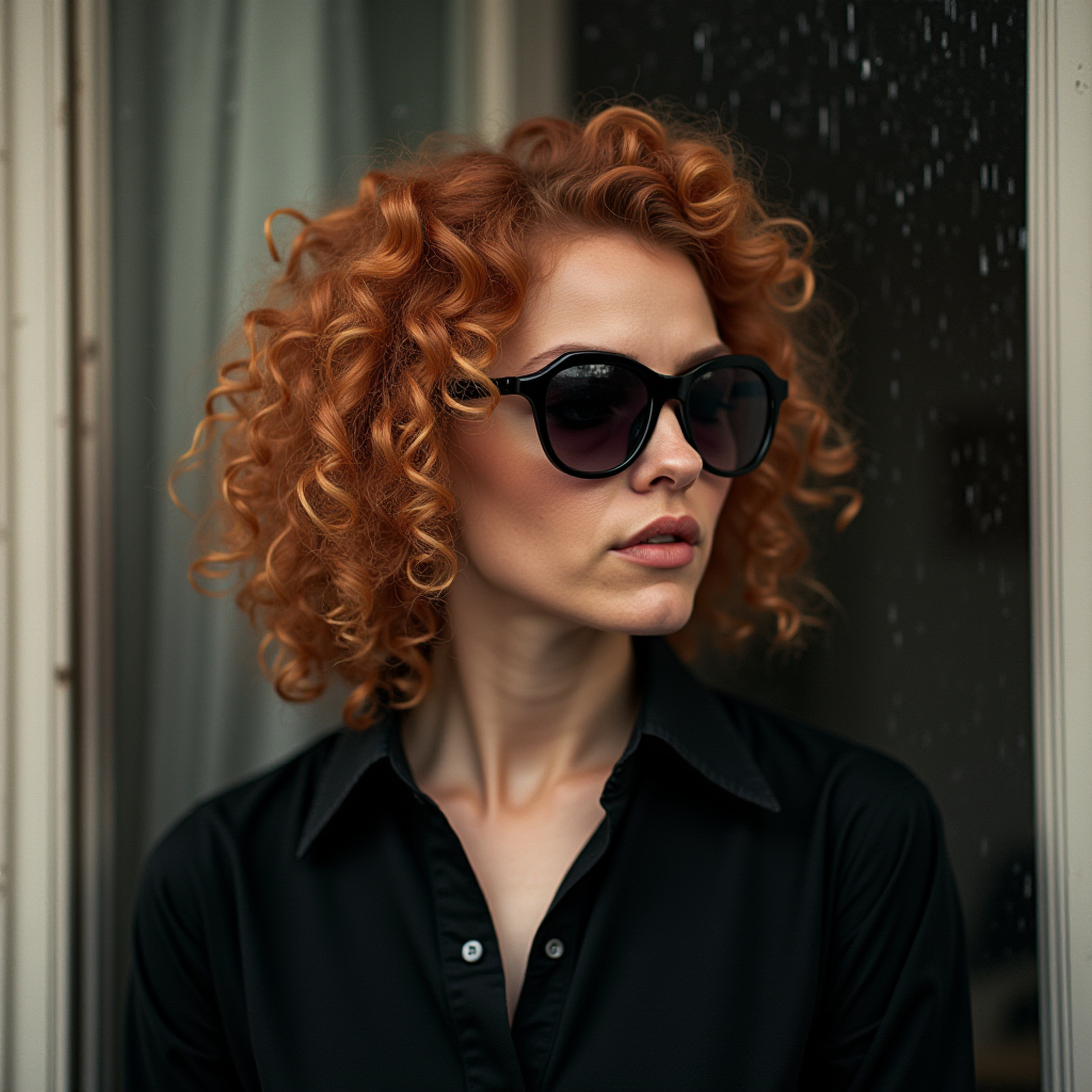 A stylish woman with curly red hair wearing sunglasses, standing by a rain-dappled window.